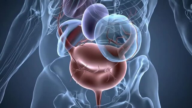 3D Render of Bladder and Urogenital Anatomy, translucent body, medical education use