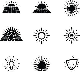 Fototapeta premium Collection of nine black and white sun and energy related vector icons in a square format layout silhouette