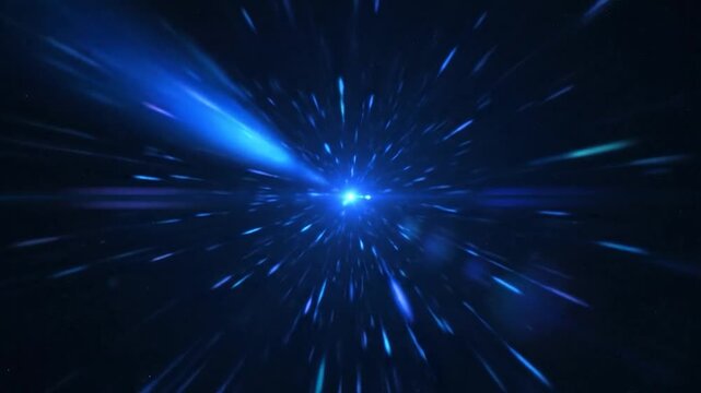 A central blue light source emits beams outward against a dark background, creating dynamic streaks