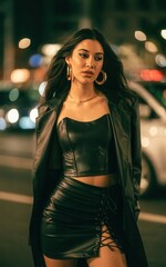 Attractive woman in a stylish black leather outfit posing on a city street at night
