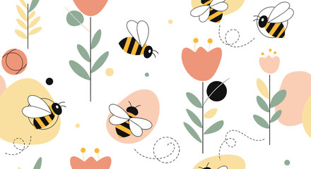 Whimsical pattern of bees flying around stylized flowers and abstract shapes on a white background.