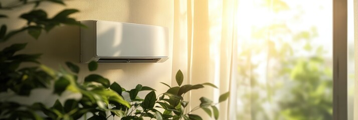 A modern air conditioner mounted on a wall, surrounded by green plants and illuminated by warm sunlight filtering through sheer curtains.