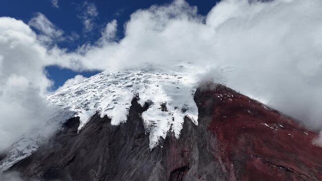 Aerial Drone Flight Over Snowy Summit of Cotopaxi Volcano, Ecuador - Majestic Landscape, Nature Power, Travel Destination