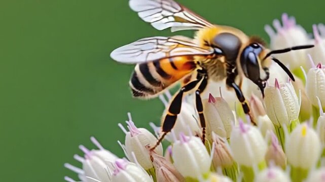 Close up of a bee on white flowers with a green background in a macro shot on a sunny day outdoors bee green screen video