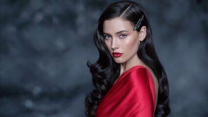 Beautiful woman with retro hairstyle, red lipstick, and red dress posing against a dark background