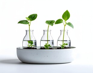 Ceramic plant propagation station with water-filled vases isolated on transparent background