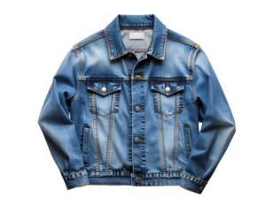 Folded denim jacket with detailed seams, isolated on transparent background, matte texture