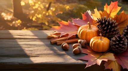 Autumnal still life pumpkins, pine cones, and cinnamon sticks on a wooden surface amidst colorful maple leaves in warm sunlight