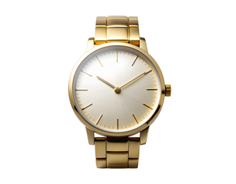 gold wristwatch laid flat, isolated on transparent background, no gloss finish