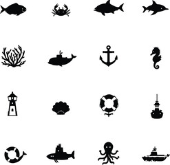 Obraz premium A collection of black silhouette nautical and sea life icons arranged on a white background neatly