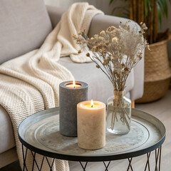 Cozy living room scene with lit candles and dried flowers on a table