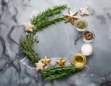 Christmas kitchen concept. Top view of garland made of  herb branches (rosemary, thyme, basil and parsley) and salt, pepper and oil on gray marble table with gold star shiny decoration with copy space