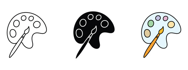 Painter palette and paint brush icon set. sparking imagination and artistic expression symbol. vector illustration.