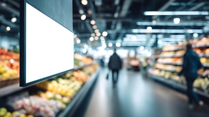Photograph of grocery store produce aisle with blank digital advertising screen and fresh fruits.