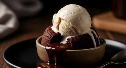 Warm chocolate molten lava cake with a scoop of creamy vanilla ice cream melting on top in a dark, moody setting