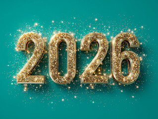 Tr&oacute;jwymiarowa liczba "2026" wykonana z grubego, złotego brokatu, na gładkim, turkusowym tle. Brokatowe iskierki unoszą się wok&oacute;ł cyfr.