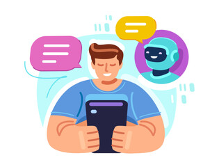 AI assistant, online consultation. Man using mobile phone with robot assistant. Artificial intelligence technology