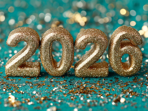 Rok "2026" w formie złotych, brokatowych cyfr, leżących na turkusowym tle posypanym brokatem i konfetti. Symbol Nowego Roku lub daty.