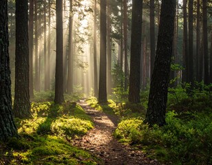 Fototapeta premium Serene forest path bathed in sunlight, creating a mystic ambience