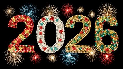 Colorful 2026 celebration design with fireworks and sparkling elements