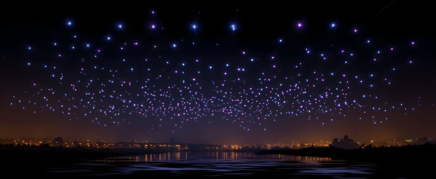 The eco friendly drone show brightly lighting the serene night sky with vibrant colors