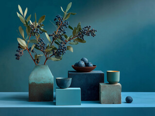 Fototapeta premium Minimalistyczna martwa natura w odcieniach Transformative Teal: wazon z gałązkami, misy z jagodami na geometrycznych, modułowych podstawach.