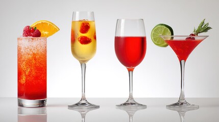 shaker. Classic cocktails arranged elegantly on a white surface, shot at a 45-degree angle with crisp studio lighting. bar promotions.