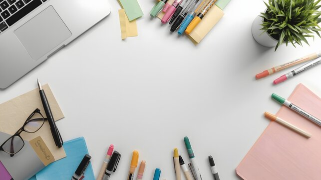 a well organized creative workspace flat lay with modern stationery and minimal aesthetic elements