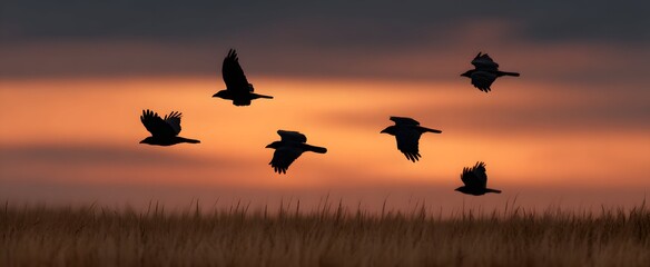 The ravens flight glides silently above a vast serene field at golden sunset