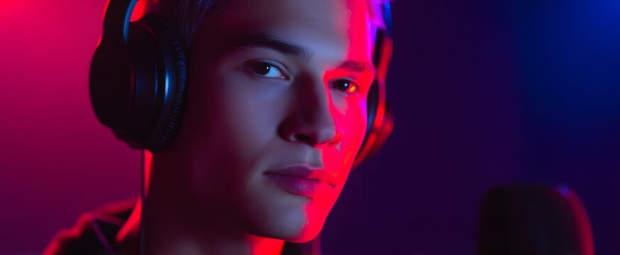 The streamer feels alive and focused in the neon-lit gaming studio with microphone and headphones - Powered by Adobe