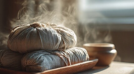 gauze. Gauze-wrapped herbal compress with gentle steam rising from it. menu design, packaging mockups, designed for culinary blogs and recipe cards for restaurants, used by financial analysts.