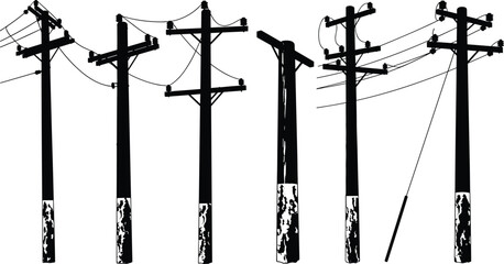 Electric power poles with cables and wires, black and white silhouette illustration of electricity infrastructure, energy distribution and transmission network