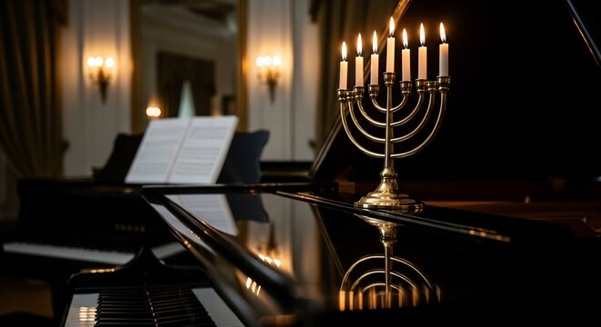 Elegant Hanukkah scene with a menorah on a piano, reflecting light. Ideal for Jewish holiday greetings, family celebrations, cultural events, and faith-based promotions.