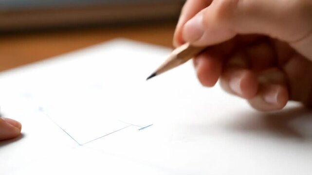 A close-up view captures a person's hand diligently drawing a line with a pencil on white paper.