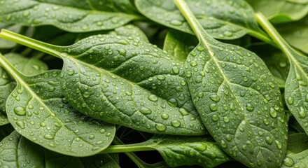 Close-up of fresh spinach leaves covered in water droplets, bright and vibrant