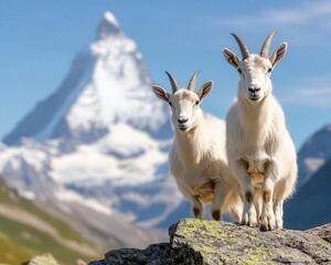 Fototapeta premium Mountain goats climbing rocky ledge near Matterhorn, wildlife in action
