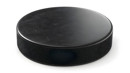 A black hockey puck sits on a white surface, casting a soft shadow.