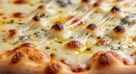 Close-up shot of a bubbling pizza with golden crust and melted cheese strings