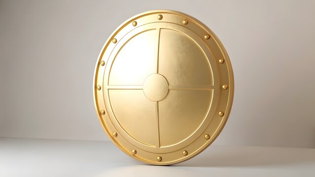 A golden, round shield with rivets, displayed against a plain, light-colored backdrop.