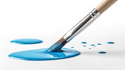 A closeup of a small artist paintbrush resting in a glossy puddle of bright blue paint