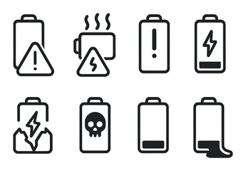 Dark battery icon set: warning and danger symbols for power issues