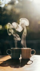 Two steaming cups of coffee on a wooden table with a blurred background of trees