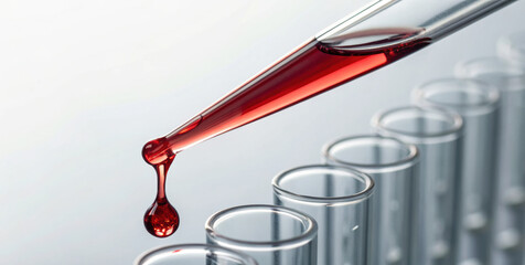 Red liquid drop falling into glass test tube row, macro laboratory pipette delivering sample with delicate motion and clinical mood