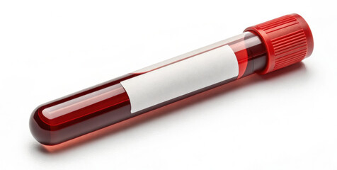 Sample tube with red cap and blank label lying white surface, clinical specimen for testing, sterile container, medical sample for analysis