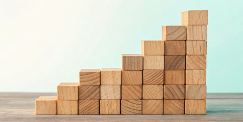 Wooden block stack growth step stair chart wooden cube business success