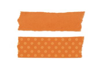 Two orange torn paper tape strips, one solid and one with a polka dot pattern, providing adhesive design elements