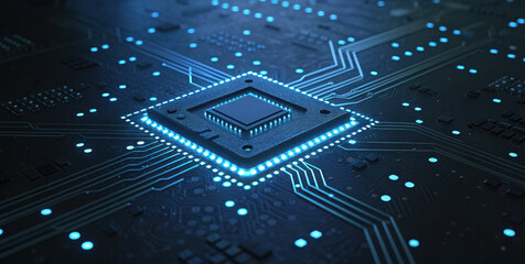 Close up circuit board glowing with blue neon light processor circuit board processor chip microchip motherboard electronic technology glowing