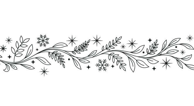 Whimsical black and white border with winter foliage and twinkling stars.