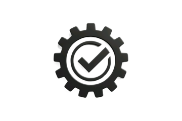 Dark gray 3d rendered gear with a checkmark inside a circle isolated on transparent background