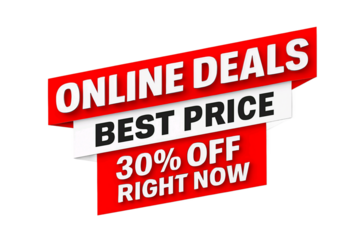 Bright red and white angled banner announcing online deals best price 30 percent off right now isolated on transparent background